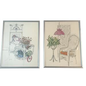 2 Framed Prints Vintage 70s Gallo Wicker Subjects Academy Arts Boho Shabby Chic